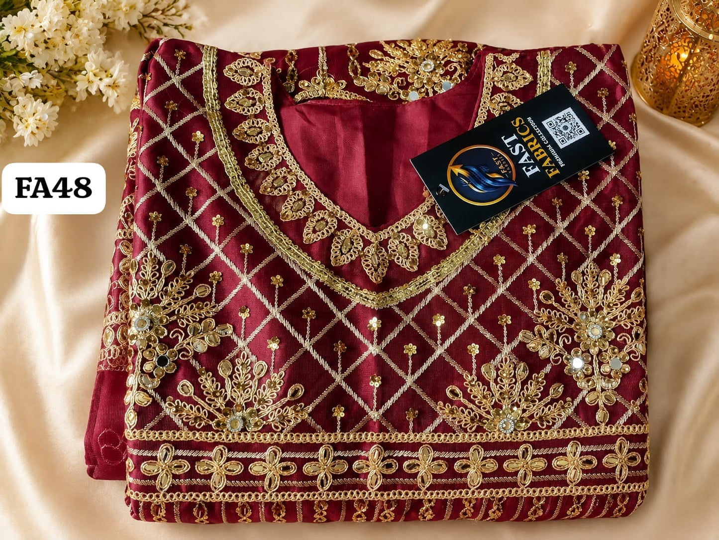 Fast Fabrics Luxury Bridal Collection – Heavy Aari Embroidery & Handwork 3 Piece Suit | FA48