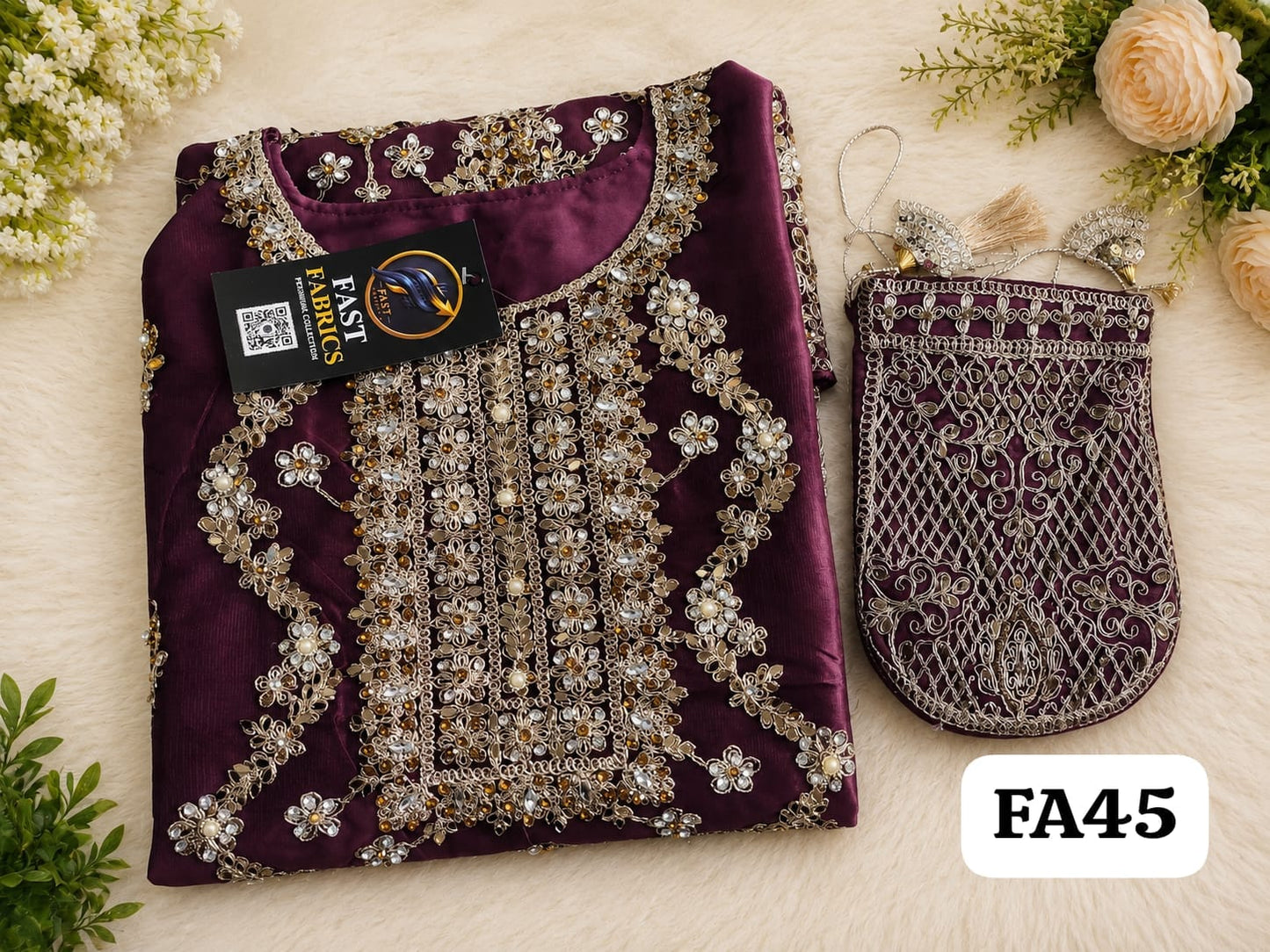 Fast Fabrics Luxury Bridal Collection – Heavy Aari Embroidery & Handwork 3 Piece Suit | FA45